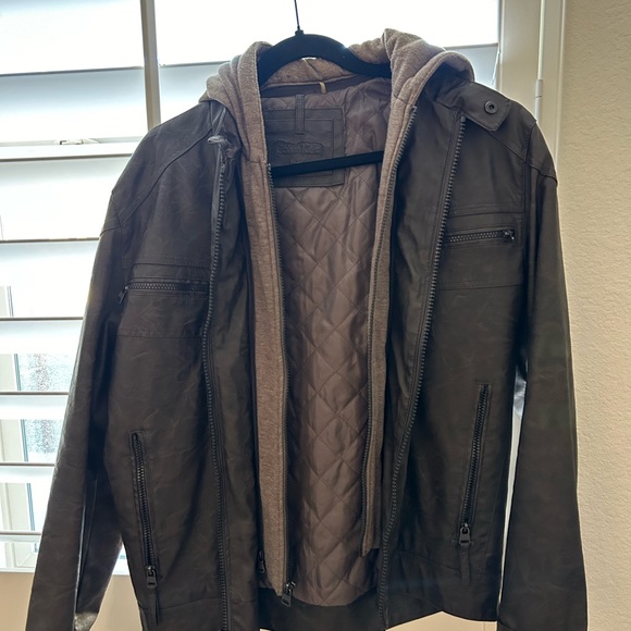 Calvin Klein brown leather jacket with hood - Picture 1 of 3
